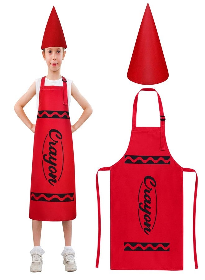 XLSXEXCL Kids Crayon Costume Set, Crayon Apron with Gnome Cone Hat, Funny Dress Up Outfit Accessories for Halloween, World Book Day, School Plays (Red) - Image 1